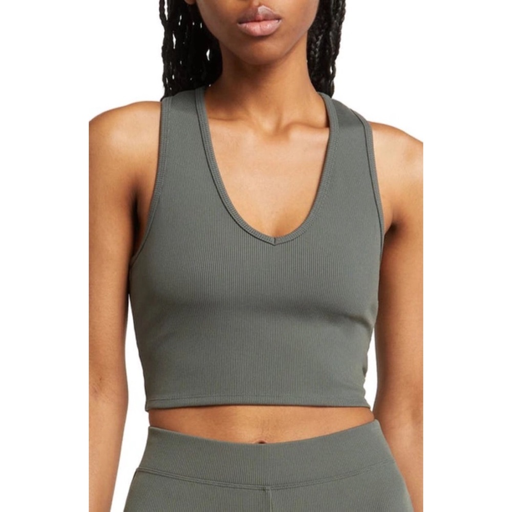 Alo Yoga Goddess Ribbed Cropped Racerback Tank Dark Cactus XS